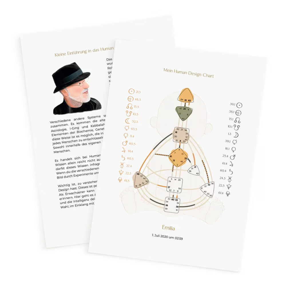 Zwei Seiten aus dem Human Design Reading für Kinder als PDF Download, eine Einführungsseite mit Text und Illustration sowie das personalisierte Human Design Chart mit Namen und Geburtsdaten
