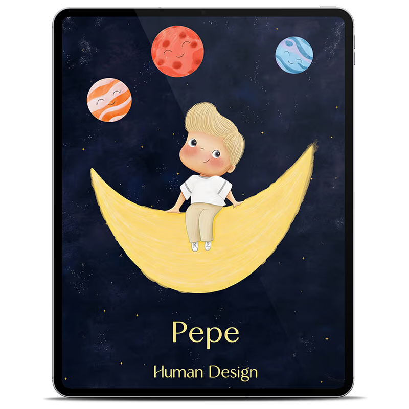 Human Design Kinder E-Book Cover auf einem Tablet, Junge mit blondem nach oben gegeltem Haar sitzt auf einer goldenen Mondsichel