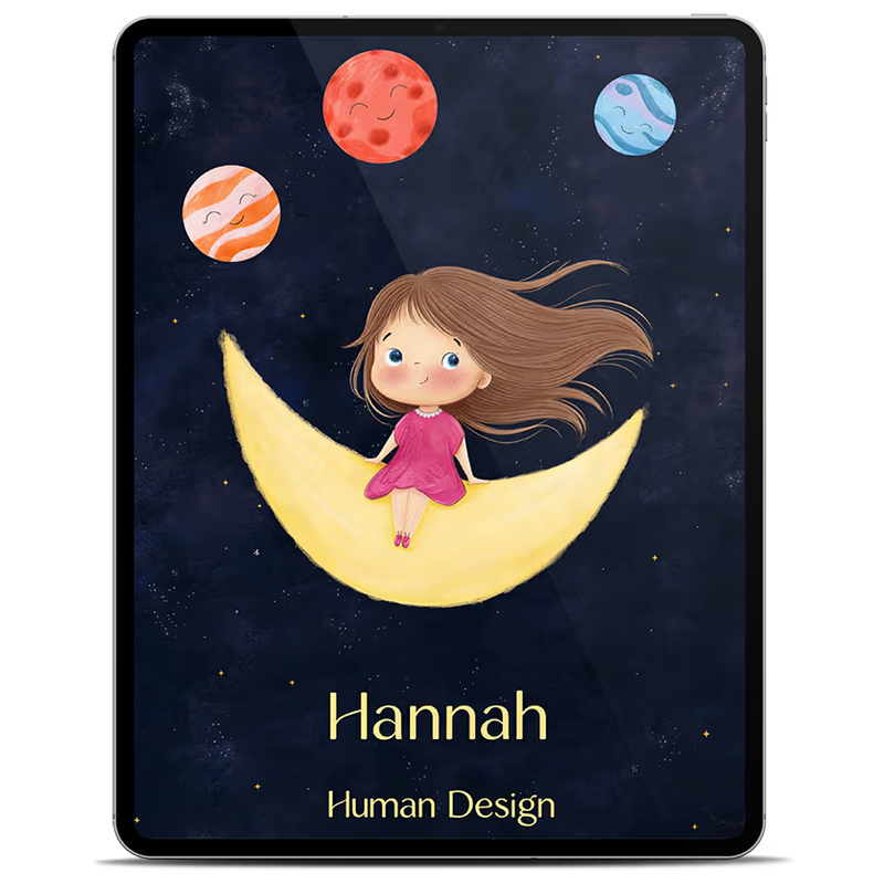 Tablet mit dem Human Design Kinder E-Book Cover, illustriertes Mädchen mit langen braunen Haaren auf einer goldenen Mondsichel