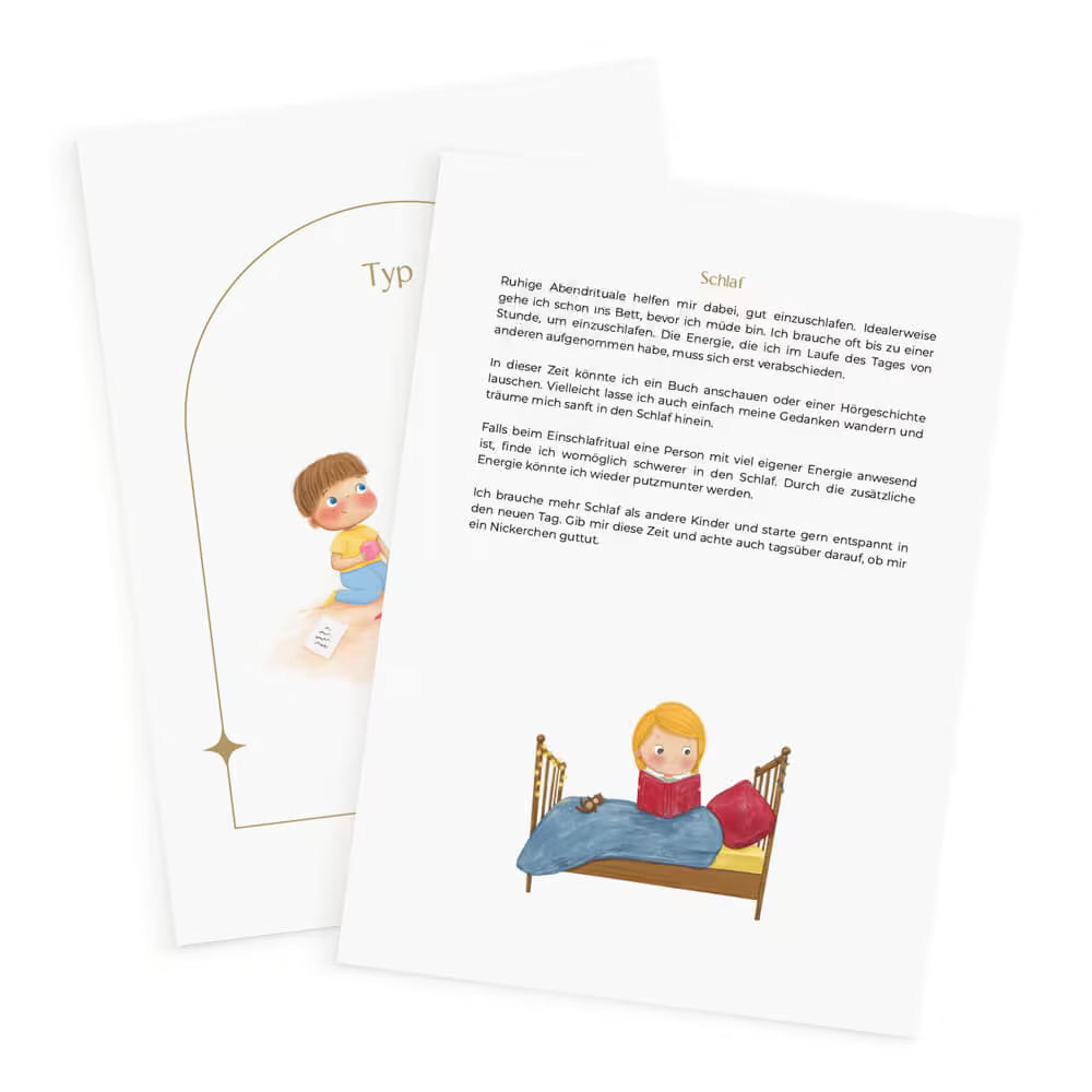 Zwei Seiten aus dem Human Design Reading für Kinder als PDF Download mit Inhalten zum Human Design Typ und Kinderillustration